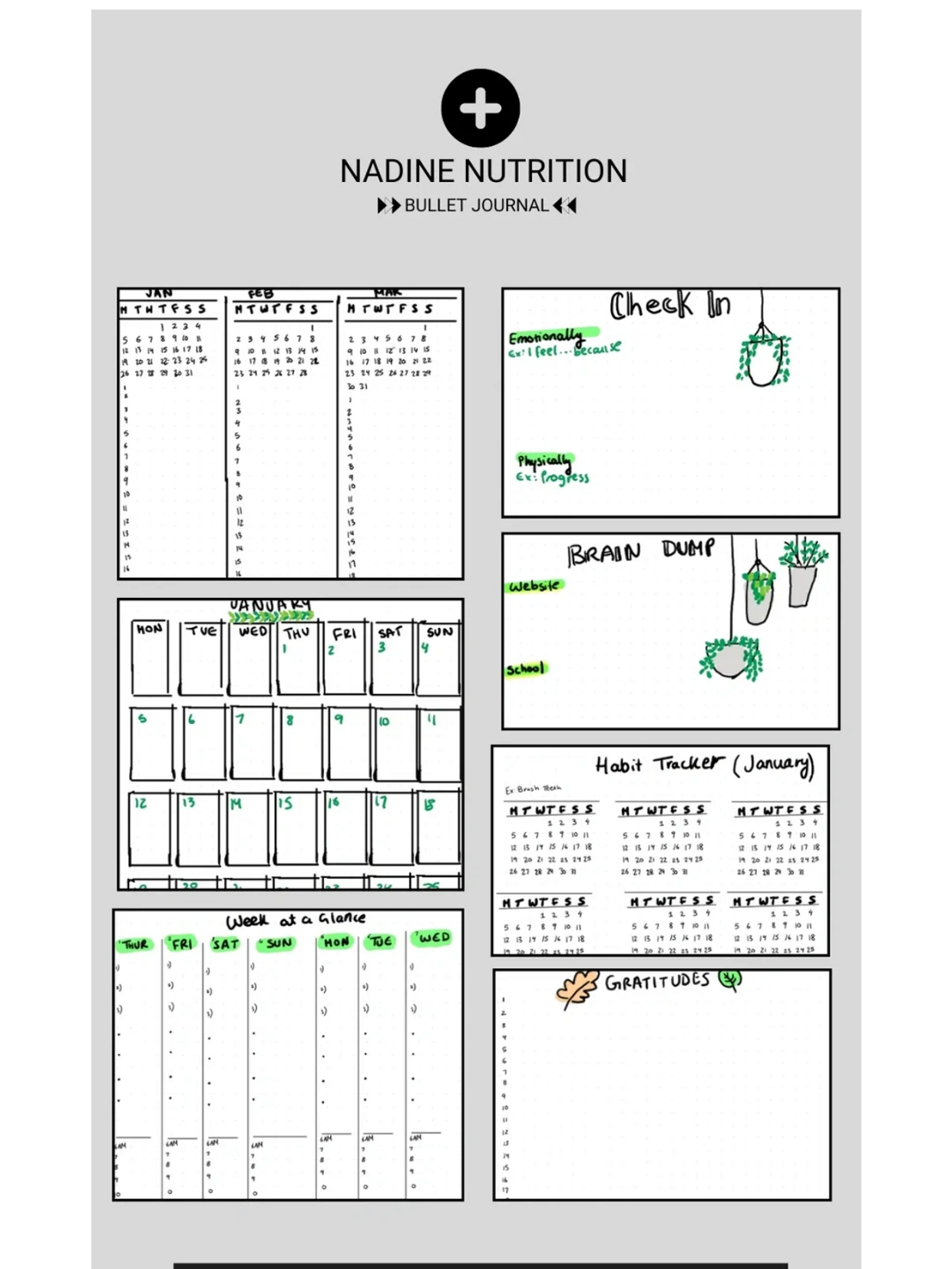 Minimalist bullet journal layout for Nadine Nutrition with monthly calendars and habit tracking.
