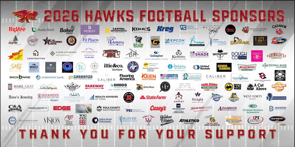 2026 Hawks Football sponsors collage with various company logos.