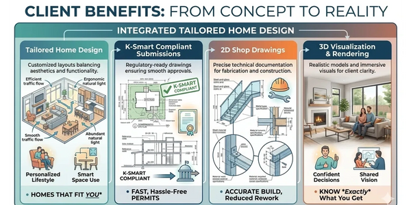 Integrated tailored home design benefits for clients from concept to reality.