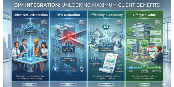 Infographic illustrating BIM integration benefits in collaboration, risk reduction, efficiency, and lifecycle value.