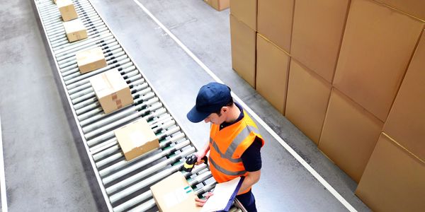 Warehouse worker scanning packages on a conveyor belt.