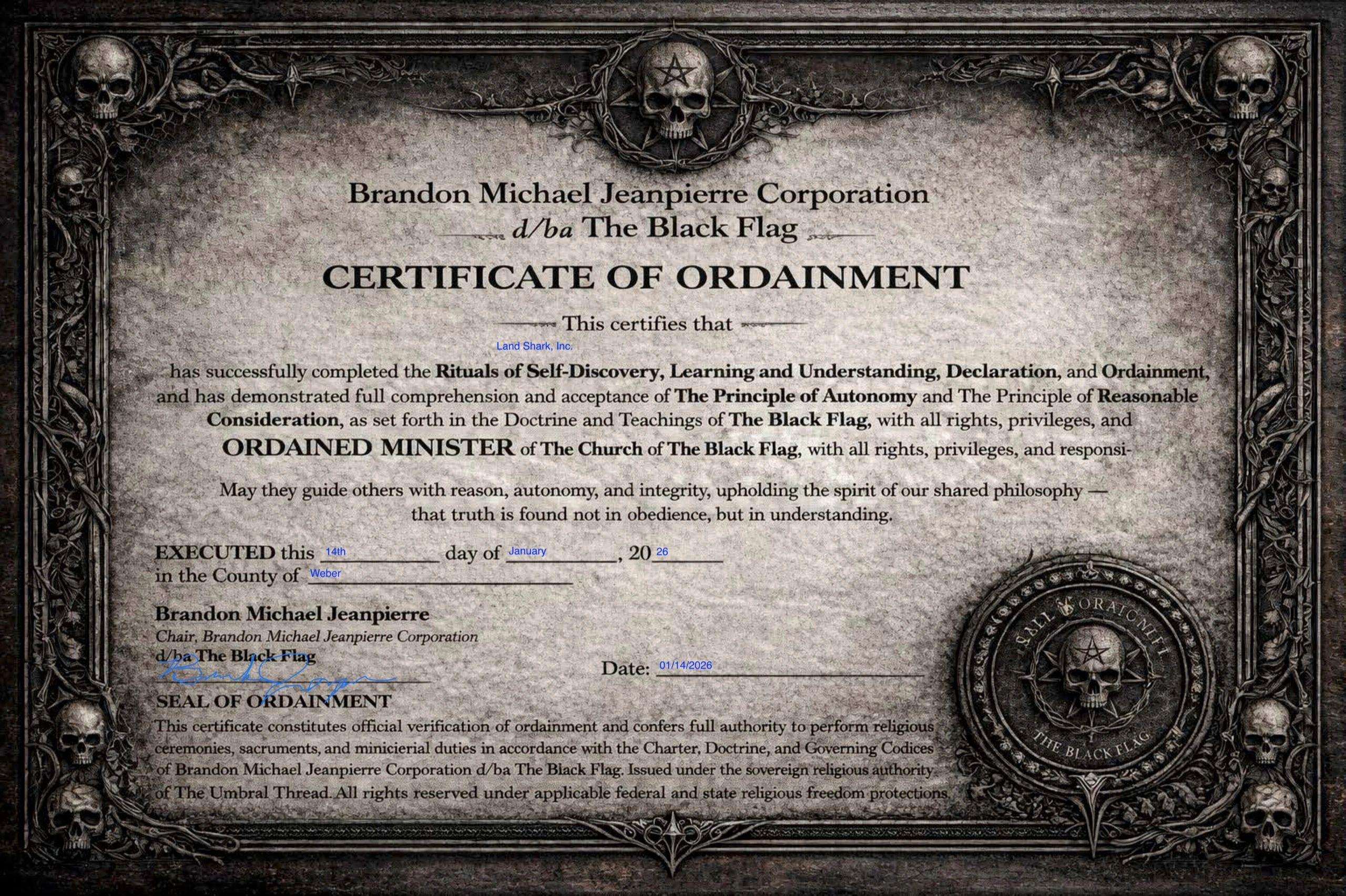 Ordinament certificate with skull and gothic border.