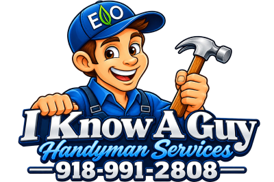 Logo for handyman services with a cartoon man holding a hammer.