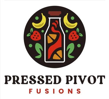 Colorful logo of Pressed Pivot Fusions featuring fruits and a bottle.