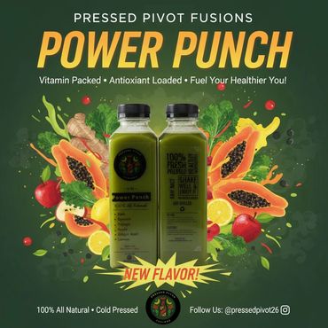 Power Punch juice by Pressed Pivot, a vitamin-packed, antioxidant-rich new flavor.