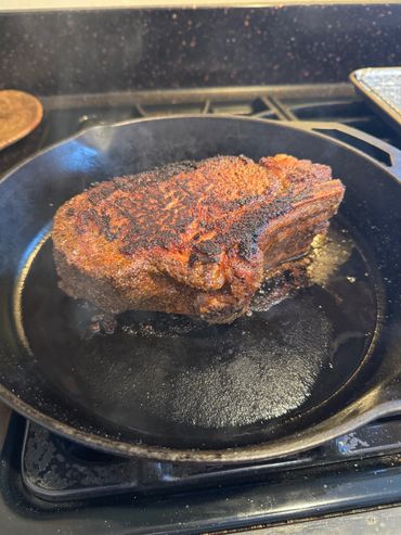 Move the Rib Eye to a cast iron skillet over med-high heat and cook for between 3-5 min on ea side.