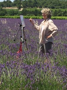 M L Porter painting in the lavender fields in Provence.
