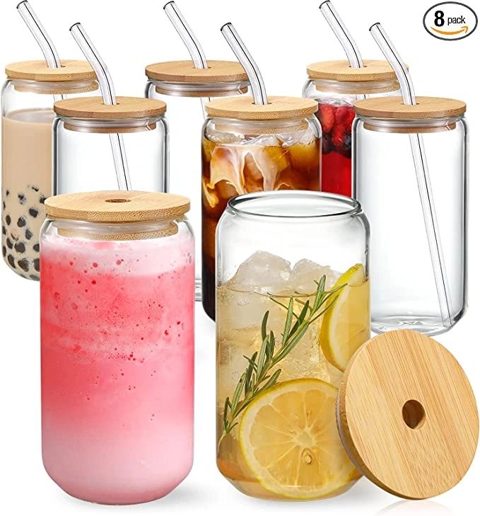 [ 8pcs Set ] Drinking Glasses with Bamboo Lids and Glass Straw - 16oz Can Shaped Glass Cups