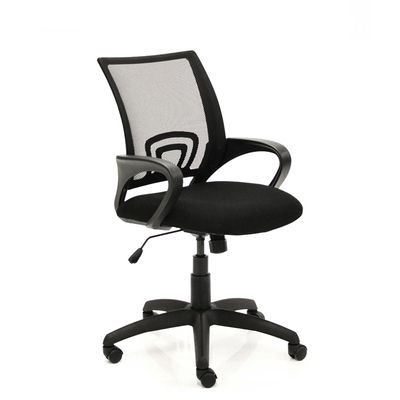 Black ergonomic office chair with mesh back and adjustable height.