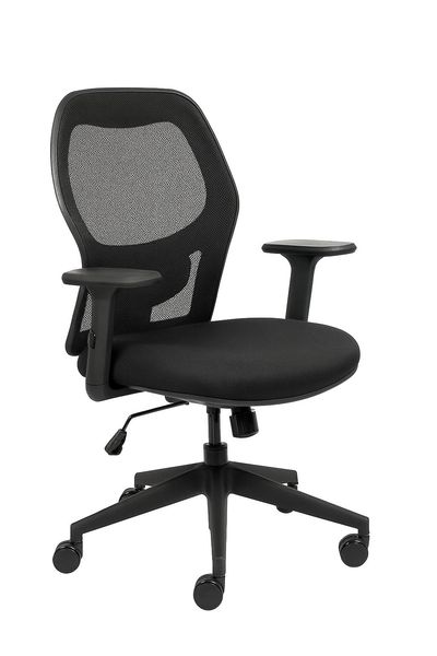 Black ergonomic office chair with mesh back and adjustable armrests.
