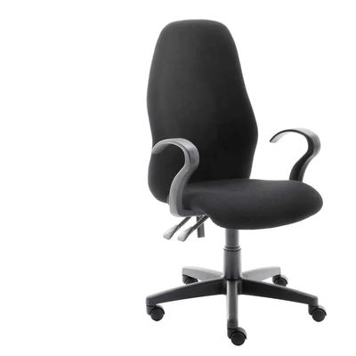 Black ergonomic office chair with armrests and wheels.