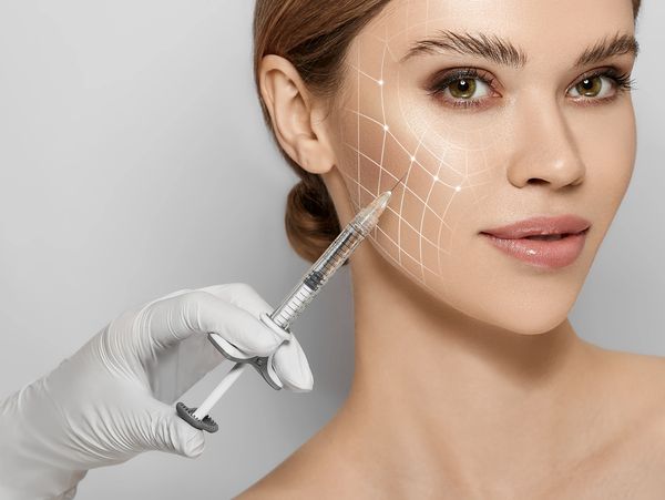 Lifting lines on a woman's face showing of skin tightening and face contour correction