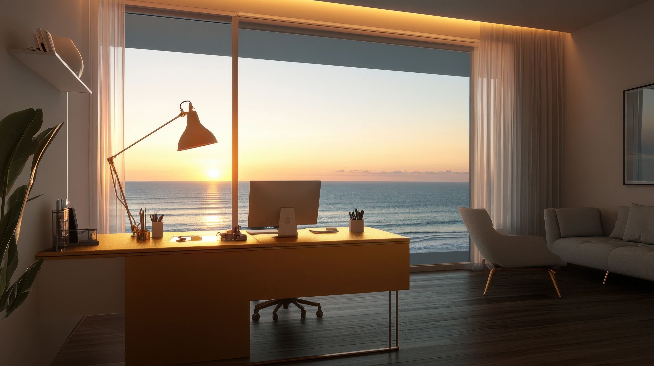 Organized professional office workspace overlooking the ocean