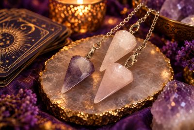 Crystal pendulums on a gemstone slab with tarot cards.