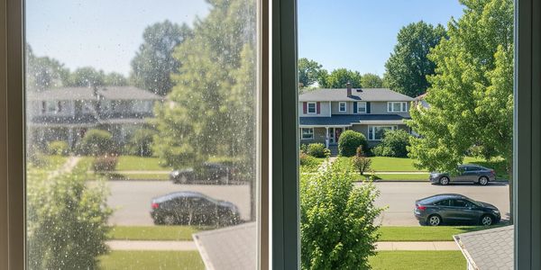 Side-by-side comparison of a dirty window versus a clean window revealing a clear outdoor view.