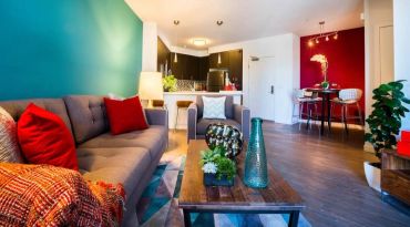 Open-concept living and dining room with a bold teal accent wall and deep red accent wall - interior