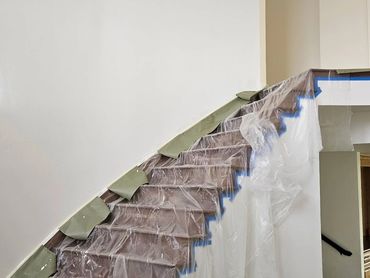Interior staircase masked and protected before painting, San Jose, CA (Bay Area)