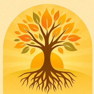 The Rooted & Rising Logo. A tree with a sunsetting in the background; roots showing.