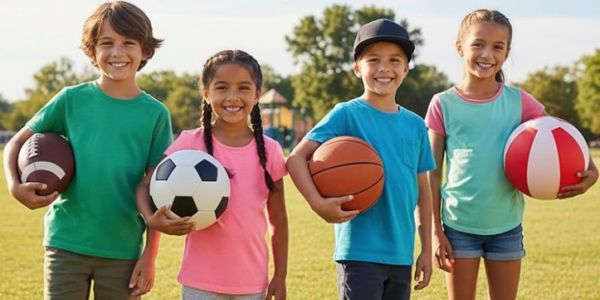 Four smiling kids holding different sports balls outdoors.