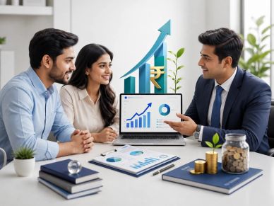 Financial advisor presenting investment growth to a couple.