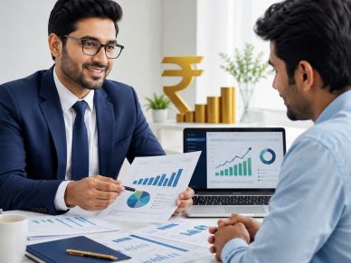 Two businessmen reviewing financial charts and graphs.