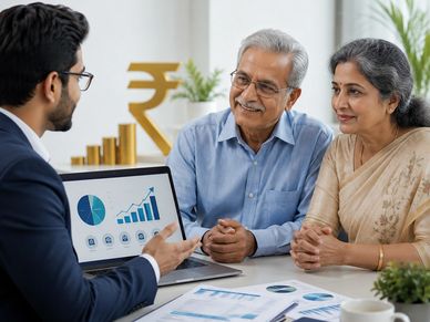 Financial advisor explaining investment growth to elderly couple.