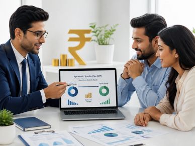 Financial advisor explaining stock plan to couple.
