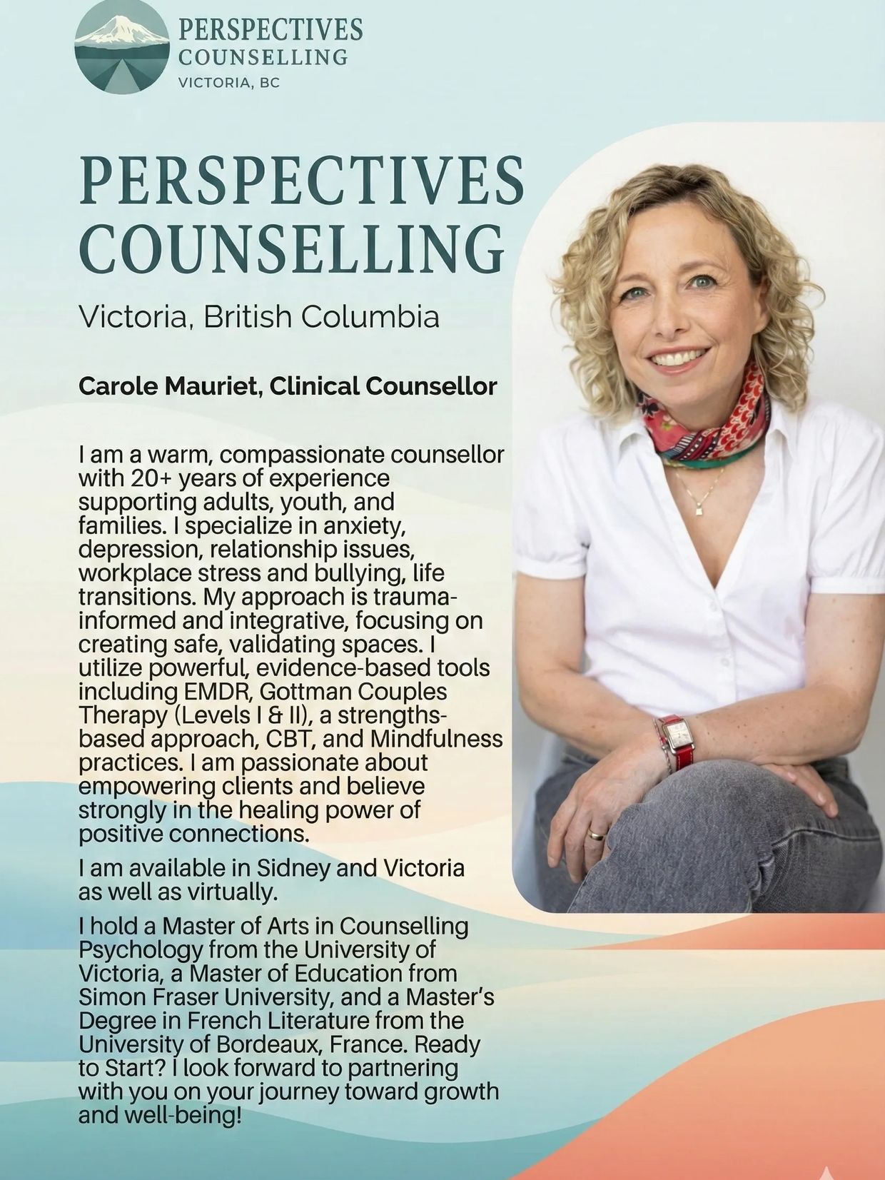 Clinical counsellor Carole Mauriet offers trauma-informed therapy in Victoria, BC, specializing in anxiety and relationships.