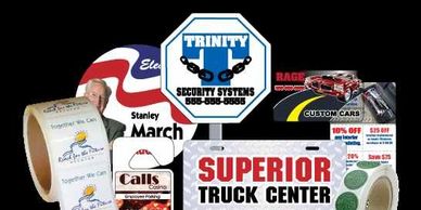 Shaped magnetic signs, roll labels, Stouse Catalog