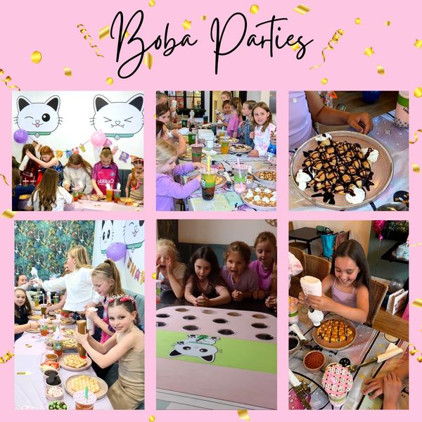 Images of Bubble Tea parties and Boba Pong games, and Bubble waffle decorating competitions.