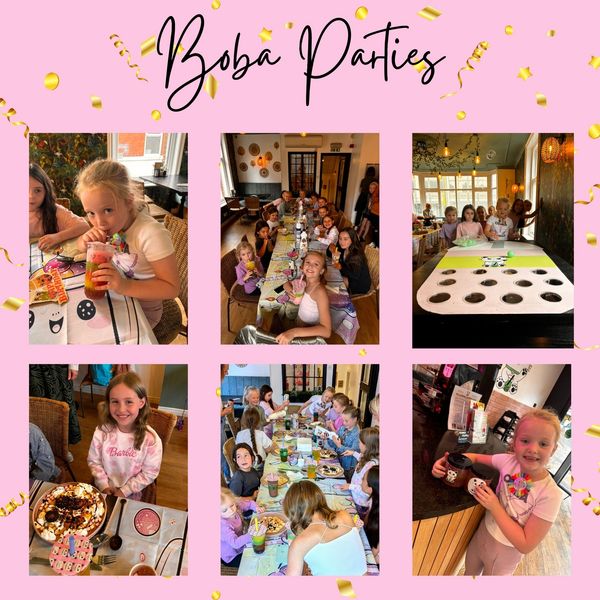 Images of Boba parties, children's parties, Boba themed games, free gift for the Birthday child.