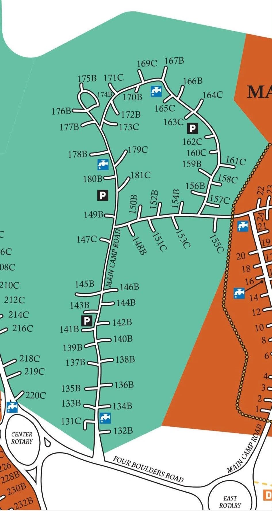 Map of Main Camp Road and surrounding sites with parking and water icons.