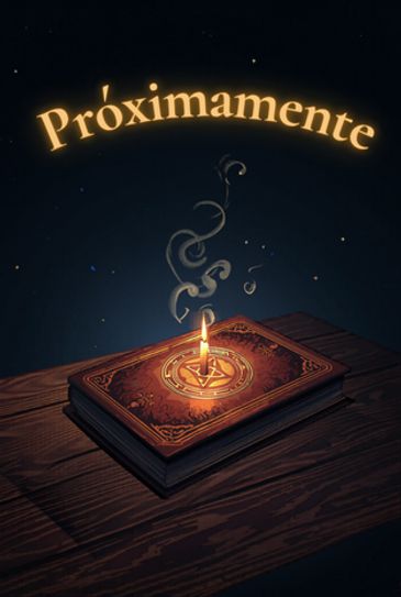 Libro antiguo con vela encendida y humo, texto 'Próximamente'.
