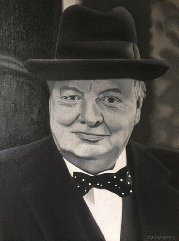 Winston Churchill portrait oil painting on canvas for sale black and white monochrome