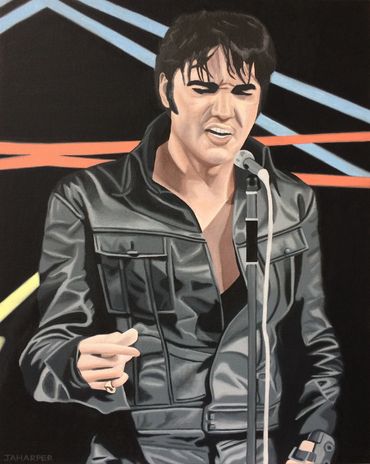 Elvis Presley original oil painting on canvas singing performing 1968 comeback special rock and roll