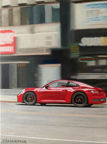 Red car Porsche oil painting on canvas for sale UK original art framed ready to hang
