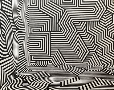 black and white original oil painting on canvas optical art lines pattern