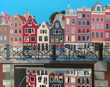 Amsterdam houses original oil painting on canvas canal bicycles reflections in water landscape 
