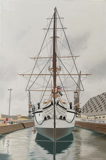 British sailing ship original oil painting on canvas HMS Gannet naval nautical Victorian sloop