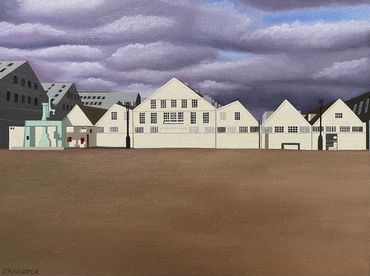 Mast houses and mould loft at the Chatham historic dockyard, original oil painting on canvas