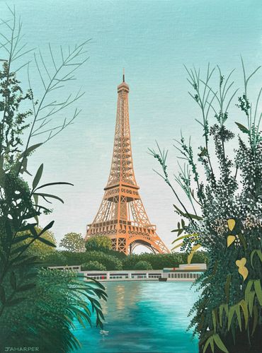 Eiffel Tower oil painting on canvas original artwork turquoise blue Paris famous monument for sale
