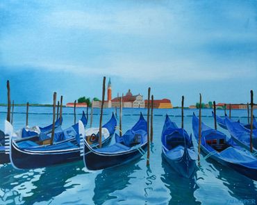 gondolas Venice original oil painting blue