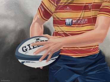 Medway RFC original oil painting on canvas 90 years rugby club red and yellow Gilbert rugby ball