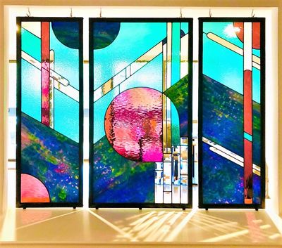 Jeweltones Geometric stained glass triptych interior windows
