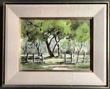 field trees wooden fence