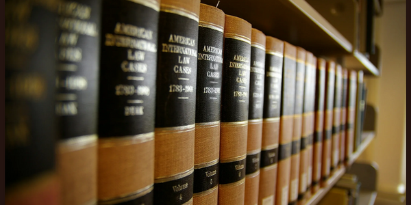 A close-up shot of a series of law books on a bookshelf.
