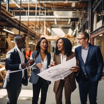 Group of diverse professionals discussing architectural blueprints symbolizing strategic consulting.