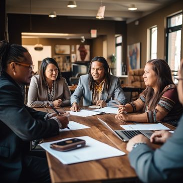Group of professionals engaged in a team meeting around a wooden table, representing collaborative p