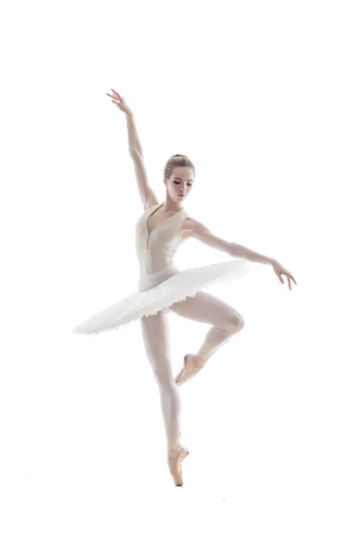 Ballet dancer in white tutu performing an elegant pose on pointe.