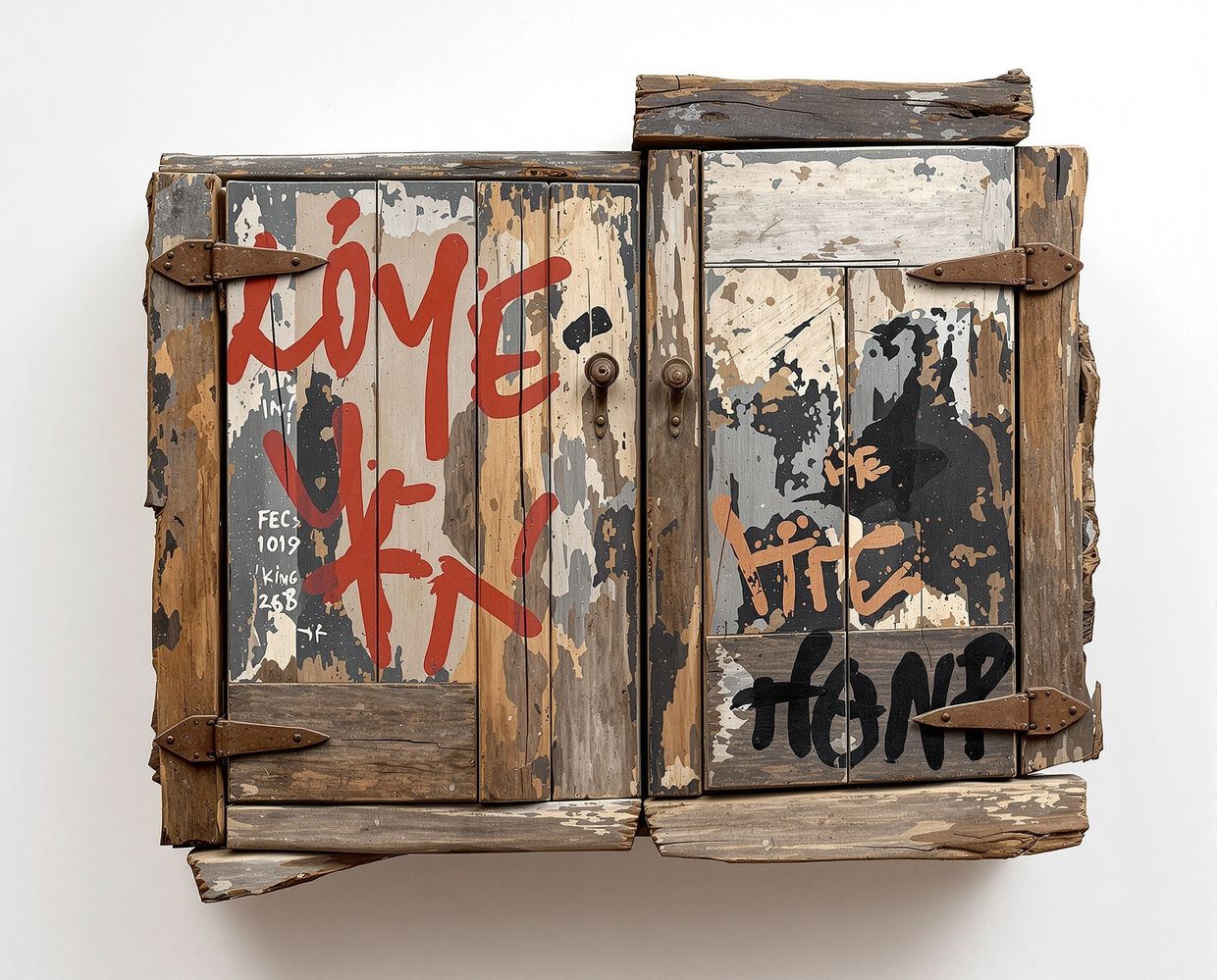 Driftwood cabinet assemblage with graffiti — AI-generated synthographic artwork by davidname.